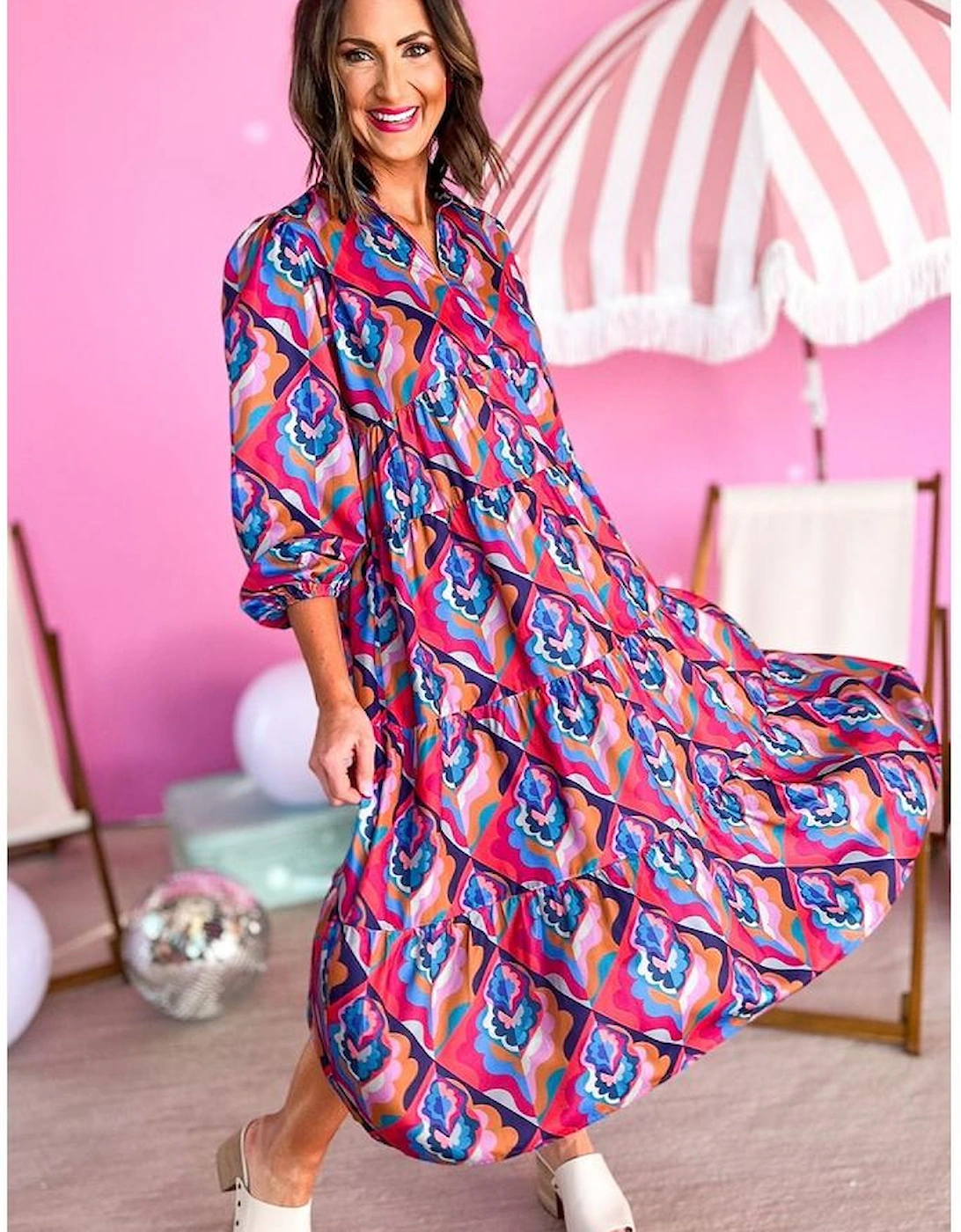Abstract Geometric Print Long Sleeve High Waist Dress