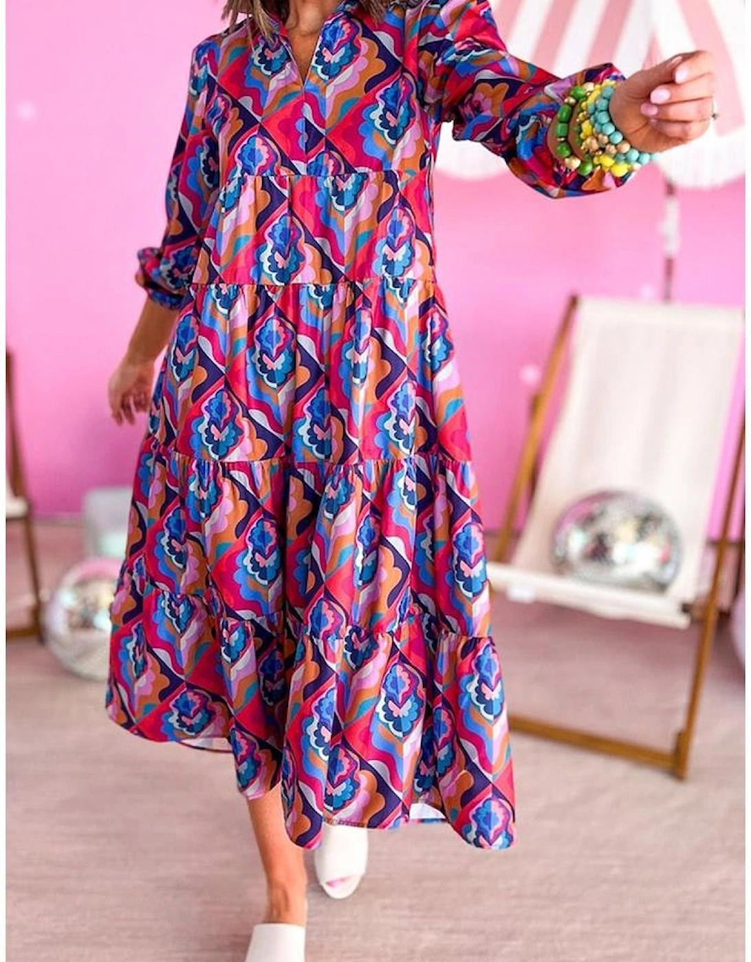 Abstract Geometric Print Long Sleeve High Waist Dress