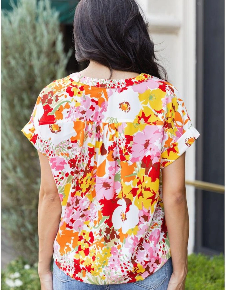 White Boho Floral Print V Neck Short Sleeves Top