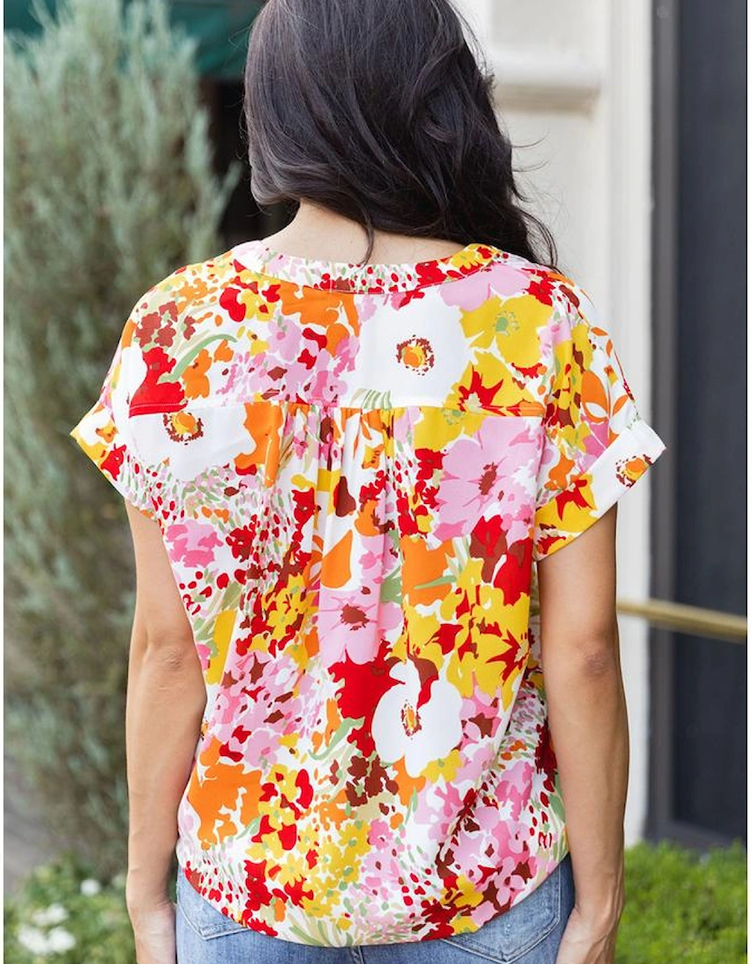 White Boho Floral Print V Neck Short Sleeves Top