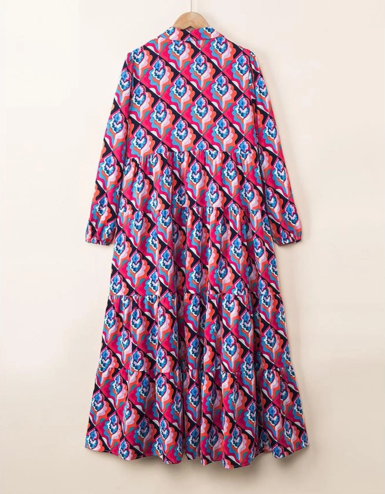 Abstract Geometric Print Long Sleeve High Waist Dress