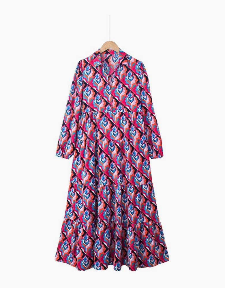 Abstract Geometric Print Long Sleeve High Waist Dress