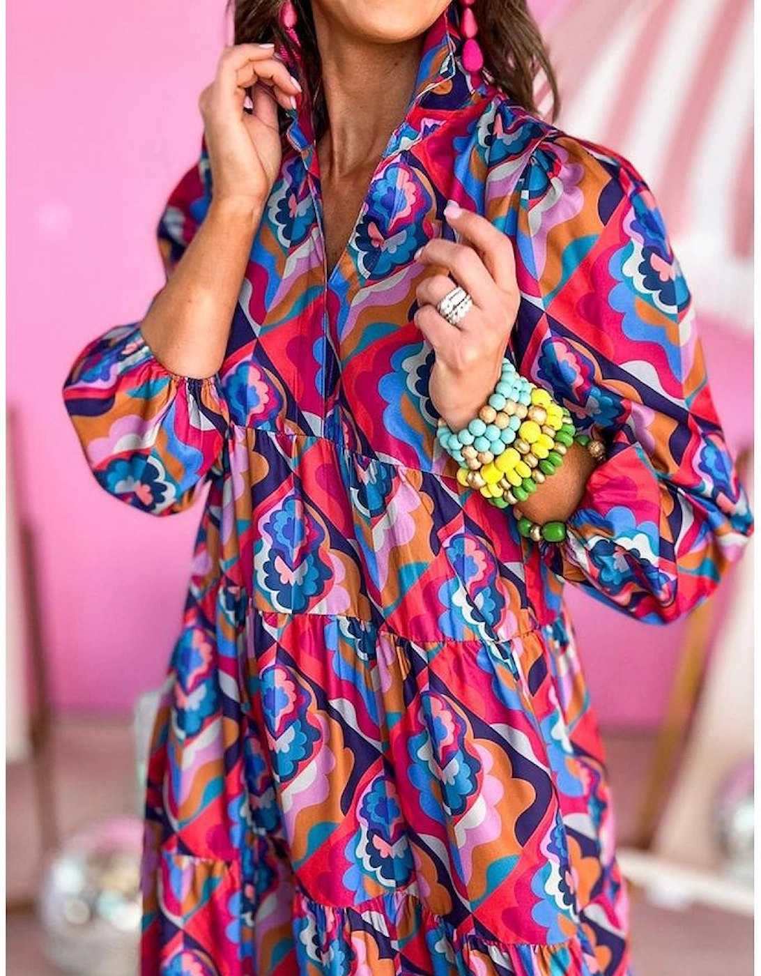 Abstract Geometric Print Long Sleeve High Waist Dress