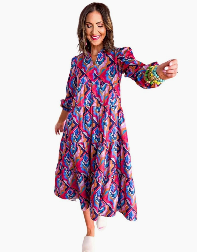 Abstract Geometric Print Long Sleeve High Waist Dress