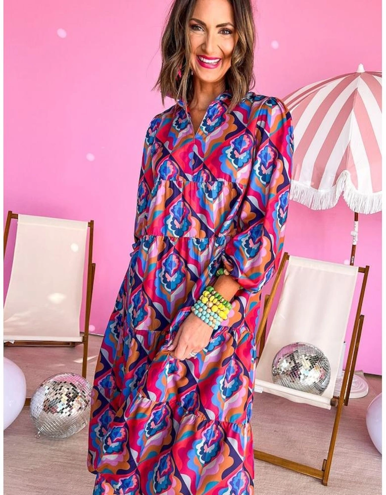 Abstract Geometric Print Long Sleeve High Waist Dress