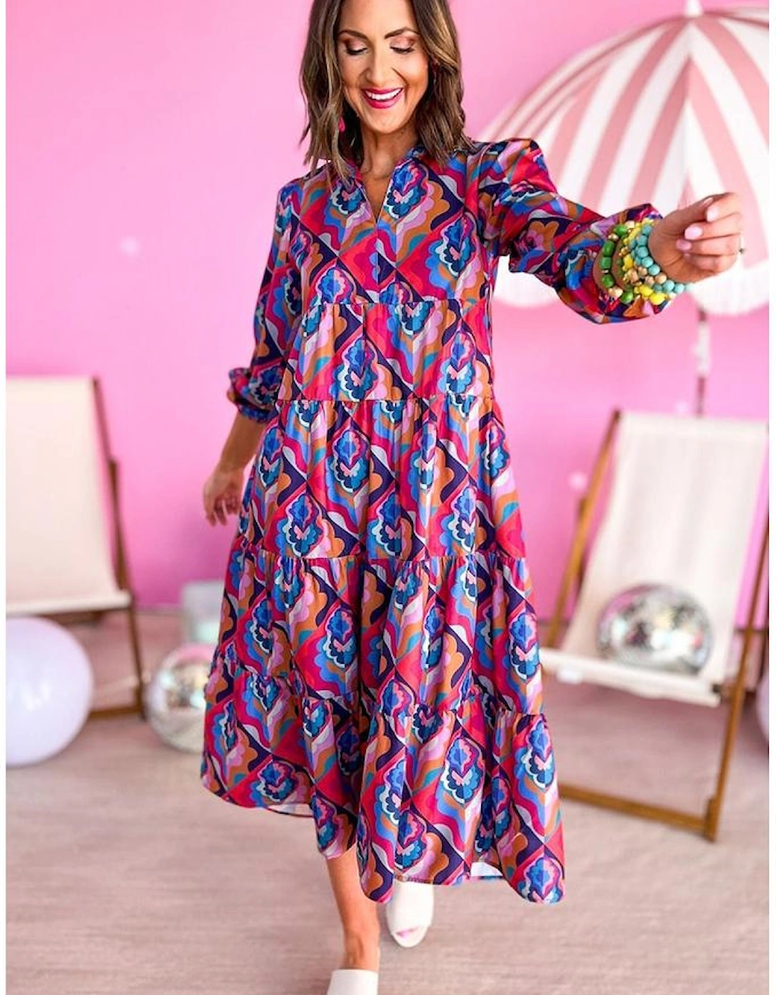 Abstract Geometric Print Long Sleeve High Waist Dress