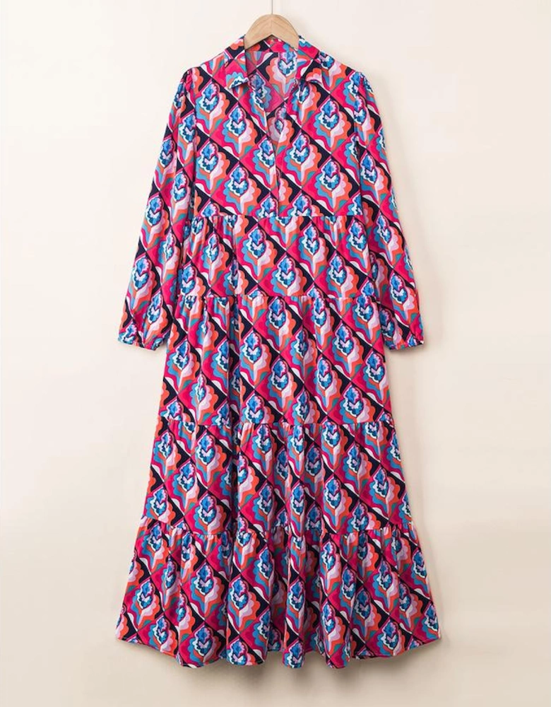 Abstract Geometric Print Long Sleeve High Waist Dress