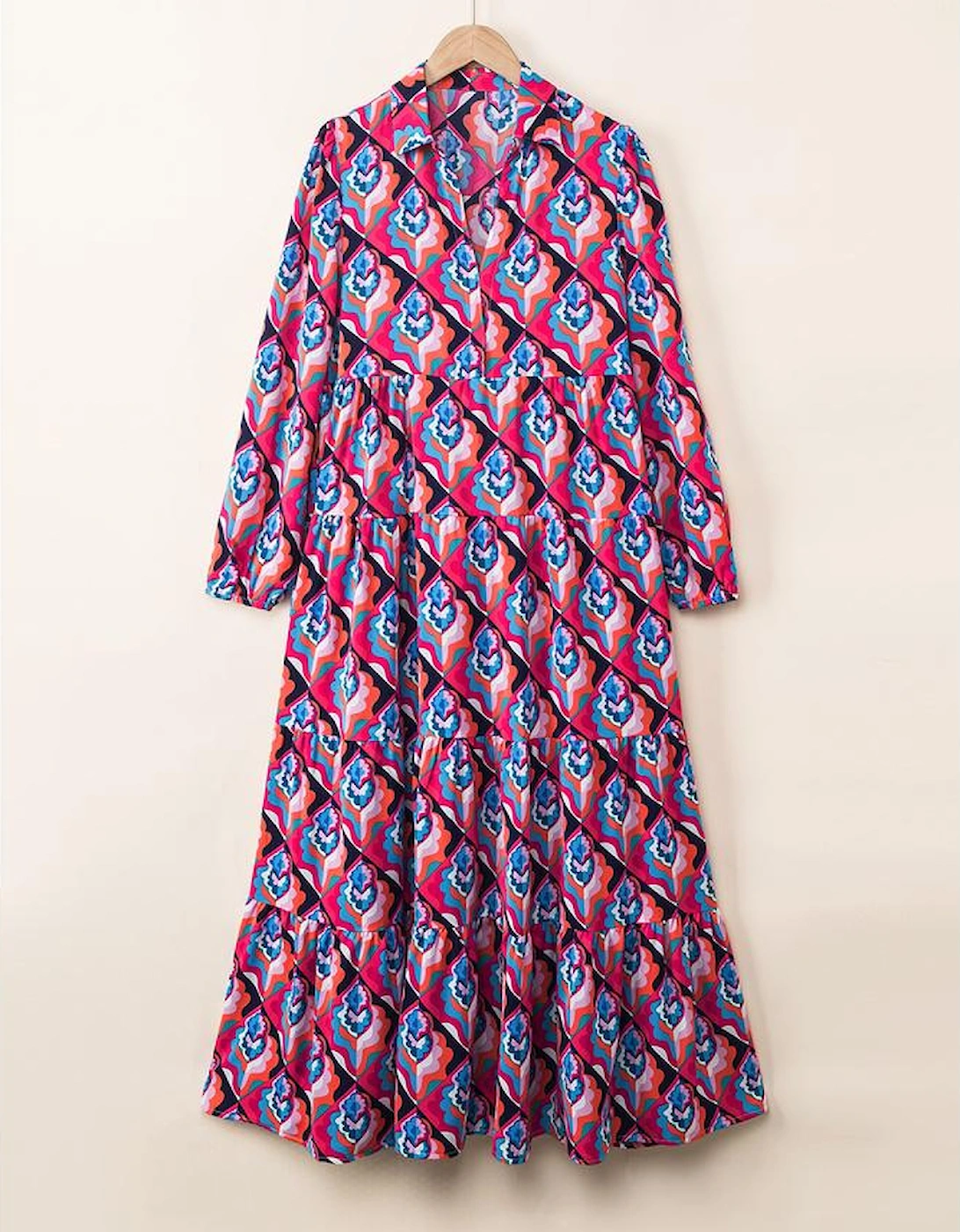 Abstract Geometric Print Long Sleeve High Waist Dress