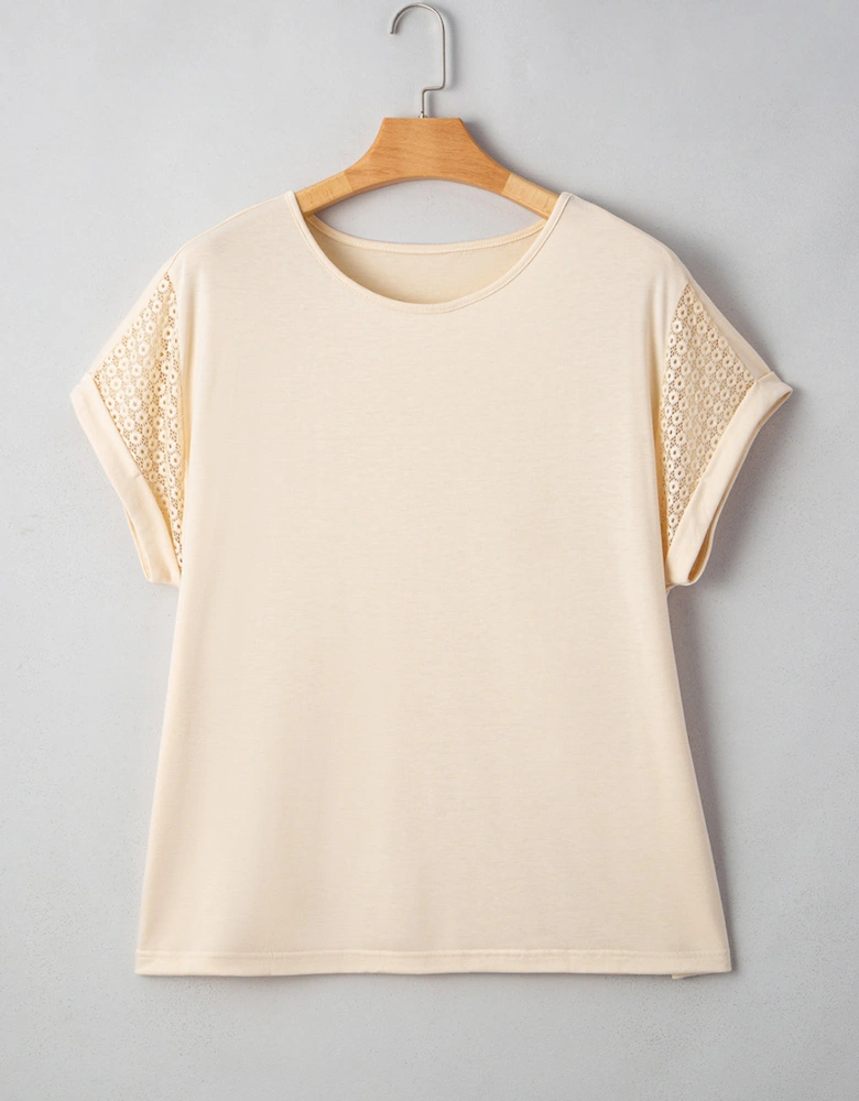 Parchment Lace Patchwork Short Sleeve Round Neck Plus Size Summer Top