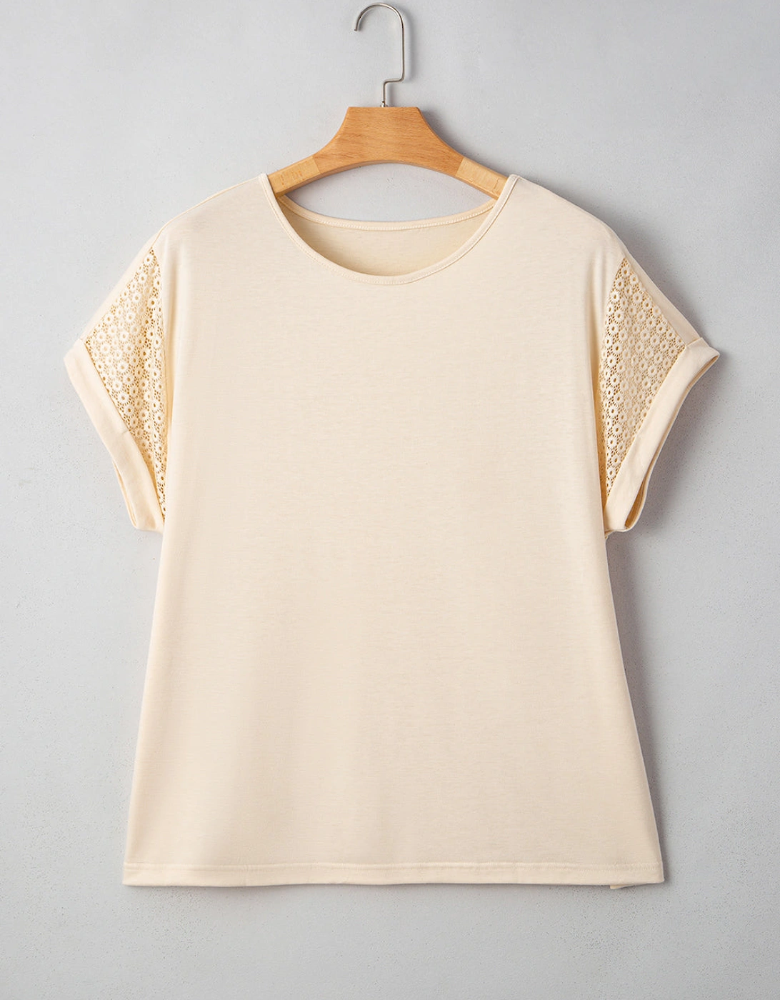 Parchment Lace Patchwork Short Sleeve Round Neck Plus Size Summer Top