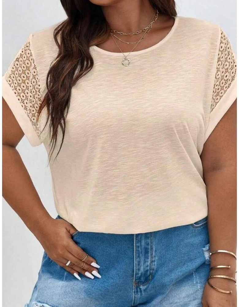 Parchment Lace Patchwork Short Sleeve Round Neck Plus Size Summer Top