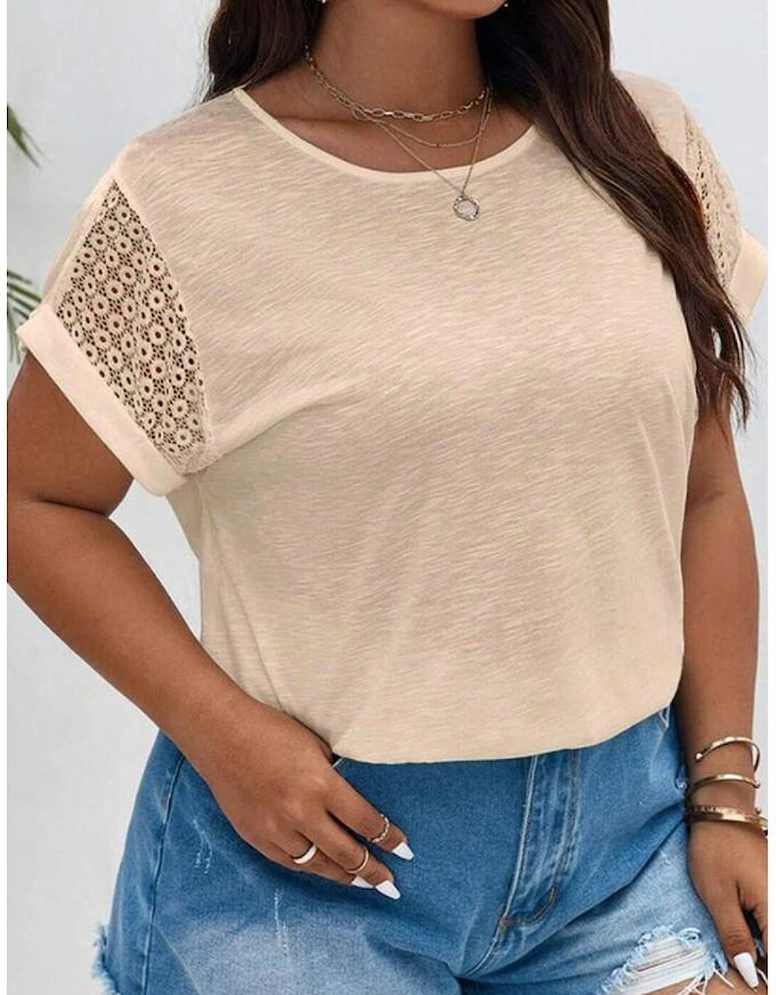 Parchment Lace Patchwork Short Sleeve Round Neck Plus Size Summer Top