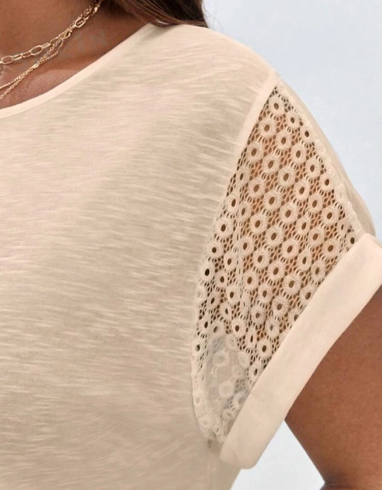 Parchment Lace Patchwork Short Sleeve Round Neck Plus Size Summer Top