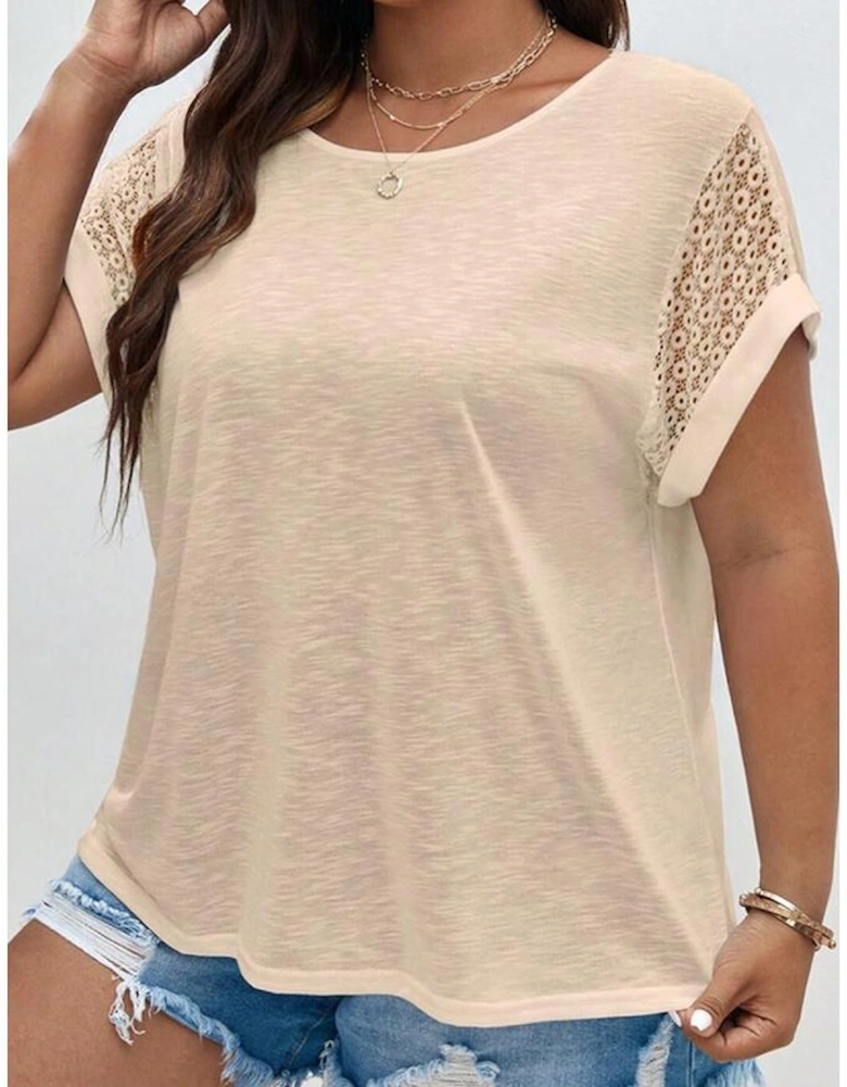 Parchment Lace Patchwork Short Sleeve Round Neck Plus Size Summer Top