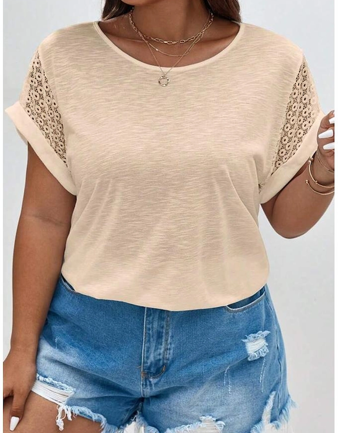Parchment Lace Patchwork Short Sleeve Round Neck Plus Size Summer Top