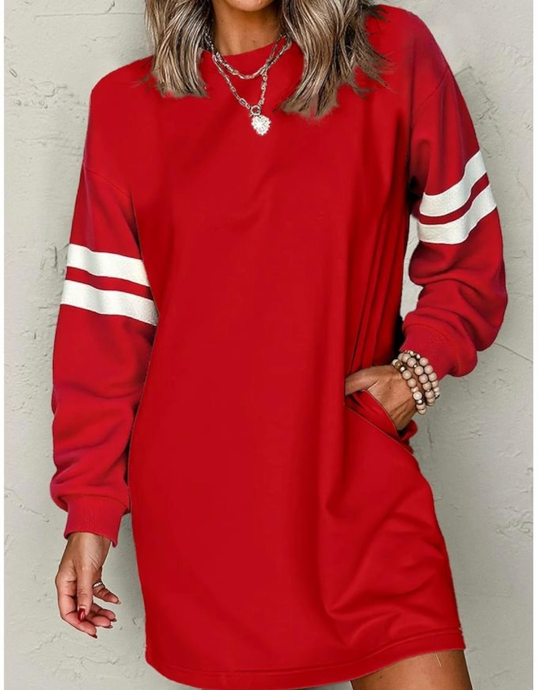 Fiery Red Varsity Contrast Banded Sleeve Shift Sweatshirt Dress