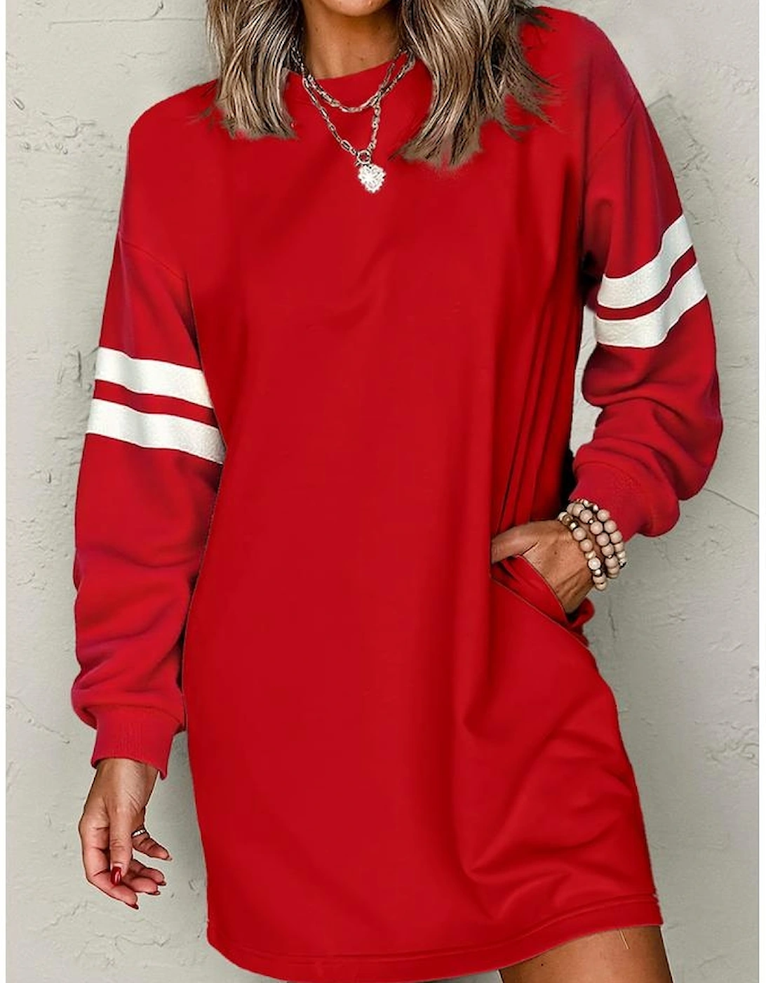 Fiery Red Varsity Contrast Banded Sleeve Shift Sweatshirt Dress