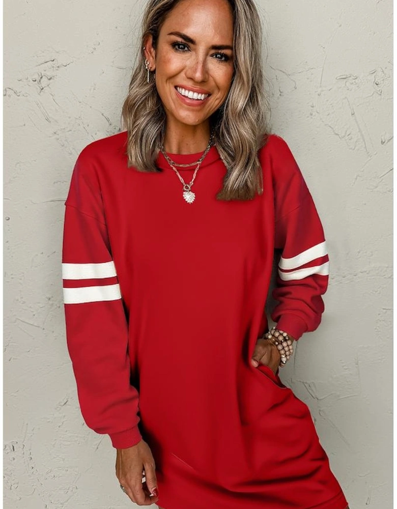 Fiery Red Varsity Contrast Banded Sleeve Shift Sweatshirt Dress