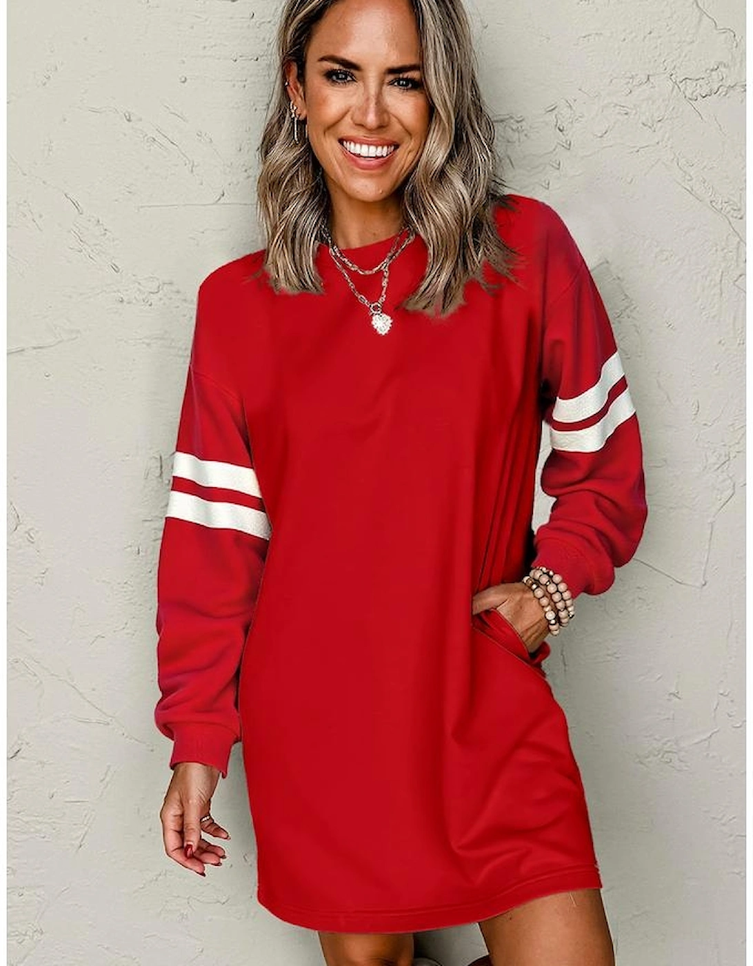 Fiery Red Varsity Contrast Banded Sleeve Shift Sweatshirt Dress
