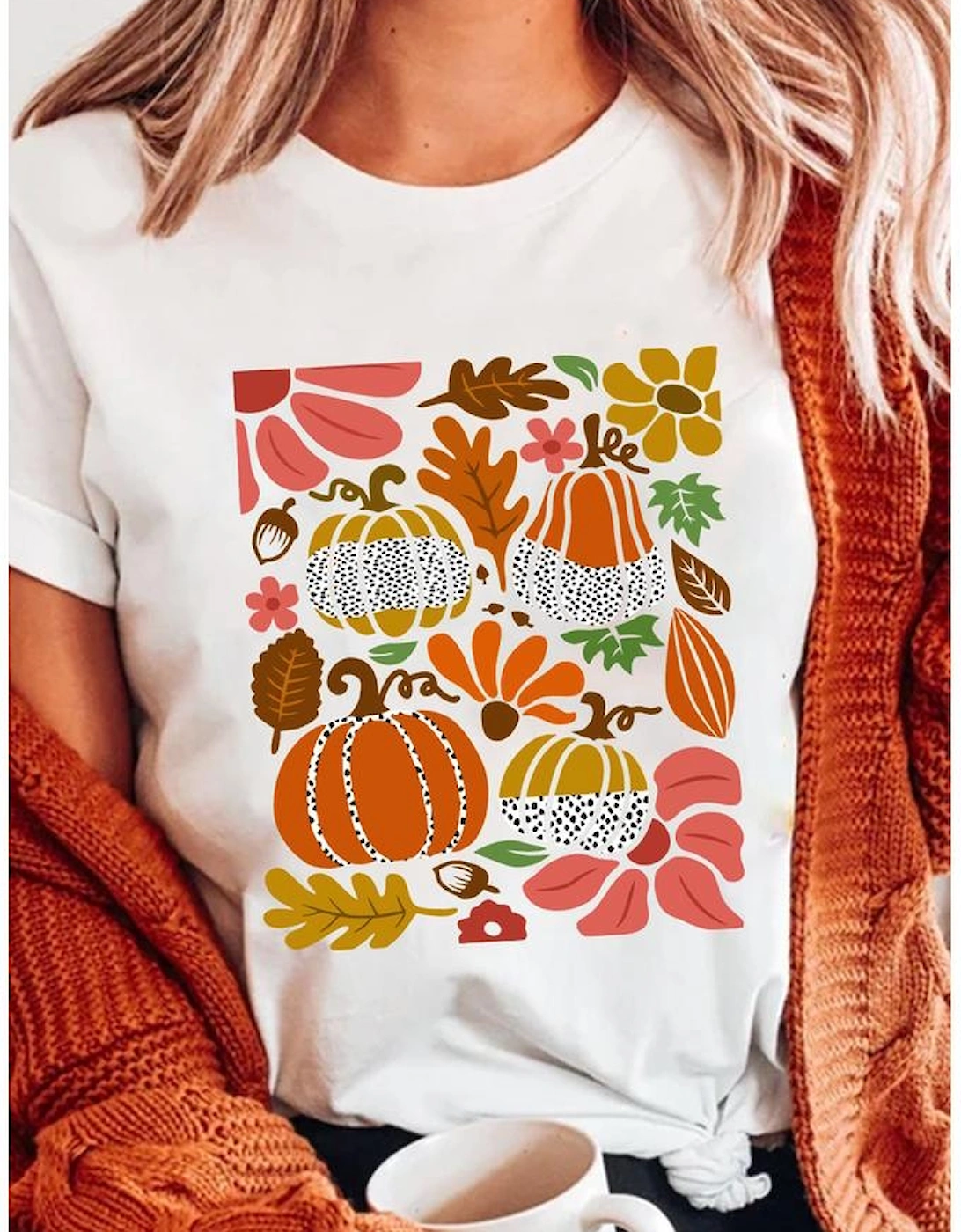 White Pumpkin Flower Print Fall Graphic Cotton Blend Tee