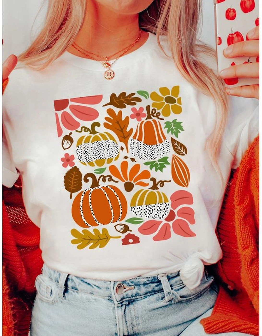 White Pumpkin Flower Print Fall Graphic Cotton Blend Tee
