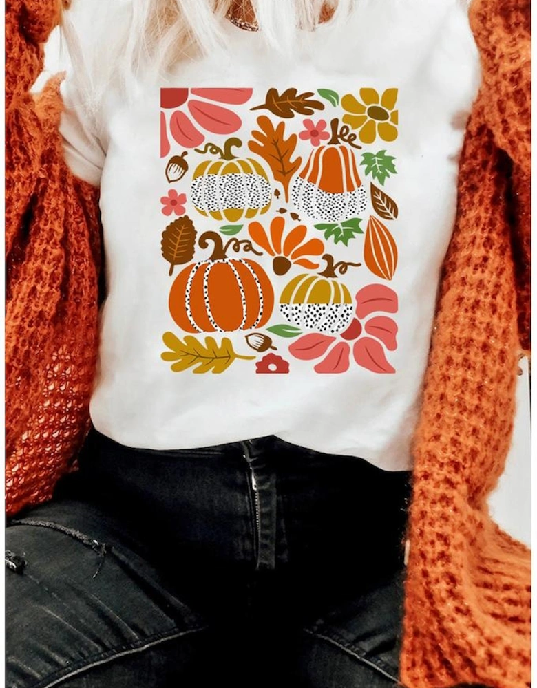White Pumpkin Flower Print Fall Graphic Cotton Blend Tee