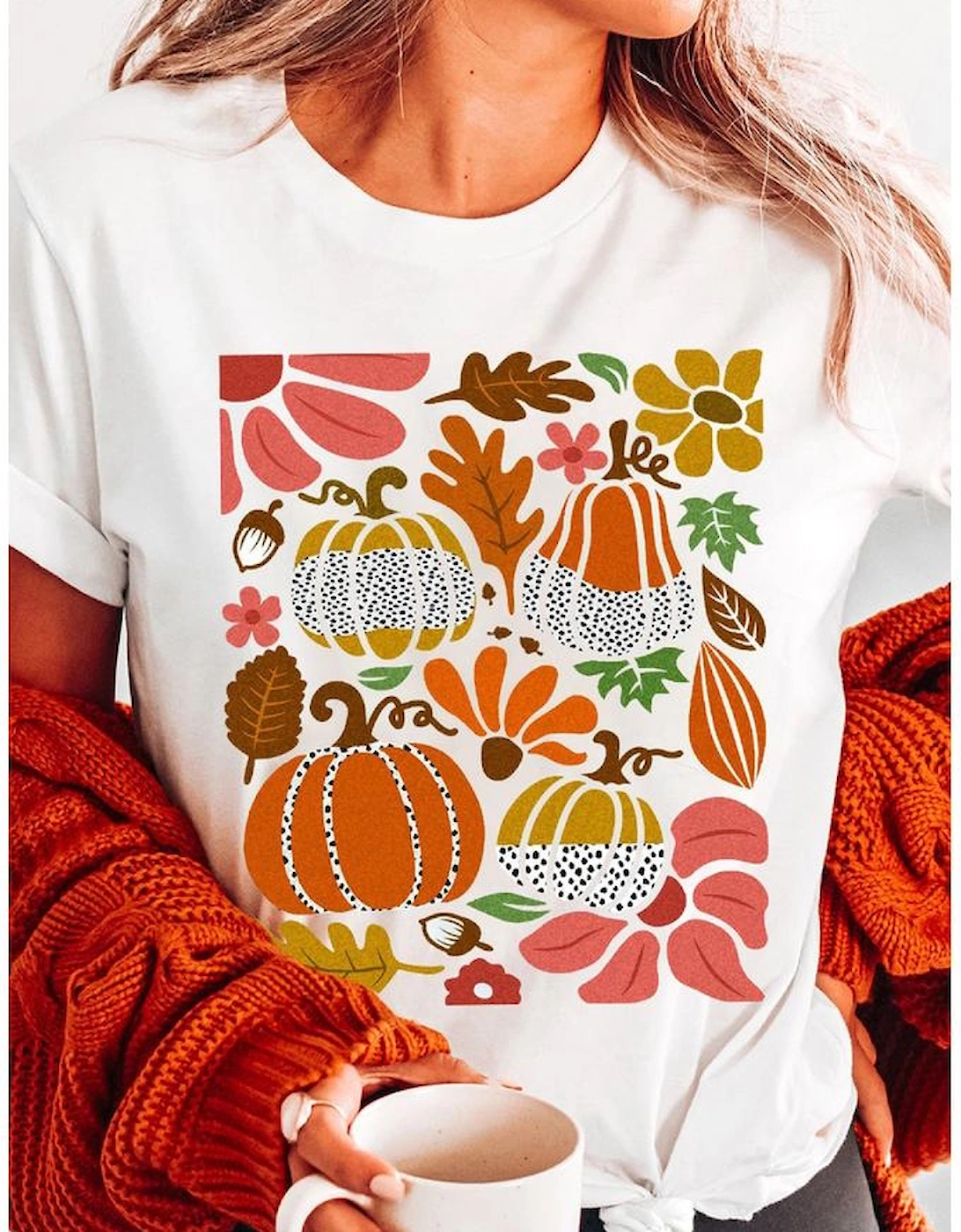 White Pumpkin Flower Print Fall Graphic Cotton Blend Tee