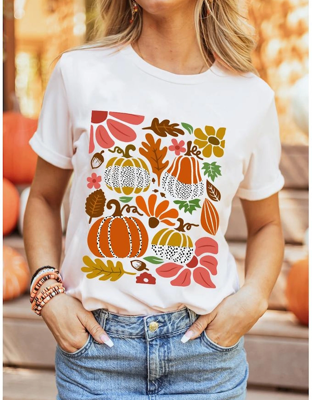 White Pumpkin Flower Print Fall Graphic Cotton Blend Tee