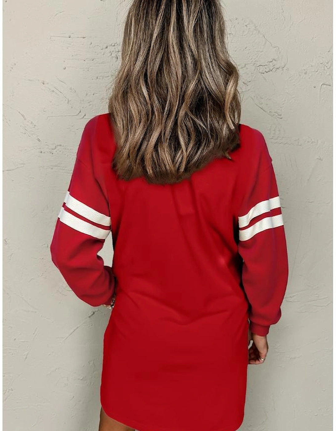 Fiery Red Varsity Contrast Banded Sleeve Shift Sweatshirt Dress, 5 of 4