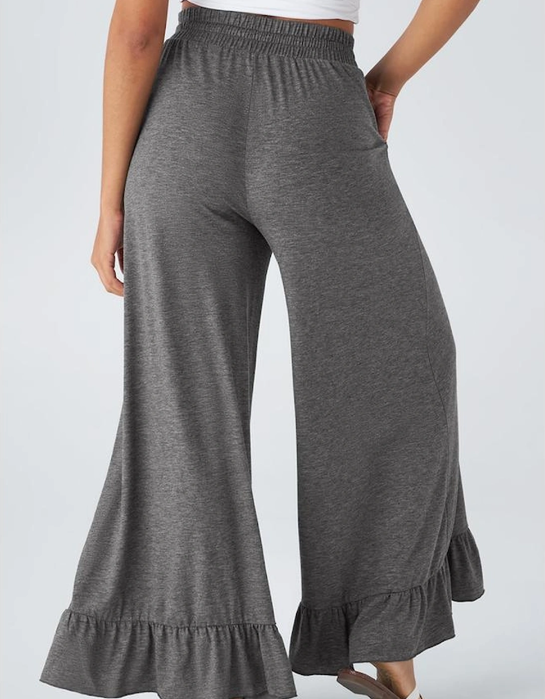 Medium Grey Ruffled Wide Leg Pull On High Waist Pants with Pockets, 16 of 15
