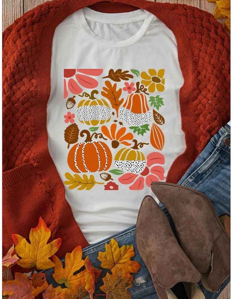 White Pumpkin Flower Print Fall Graphic Cotton Blend Tee