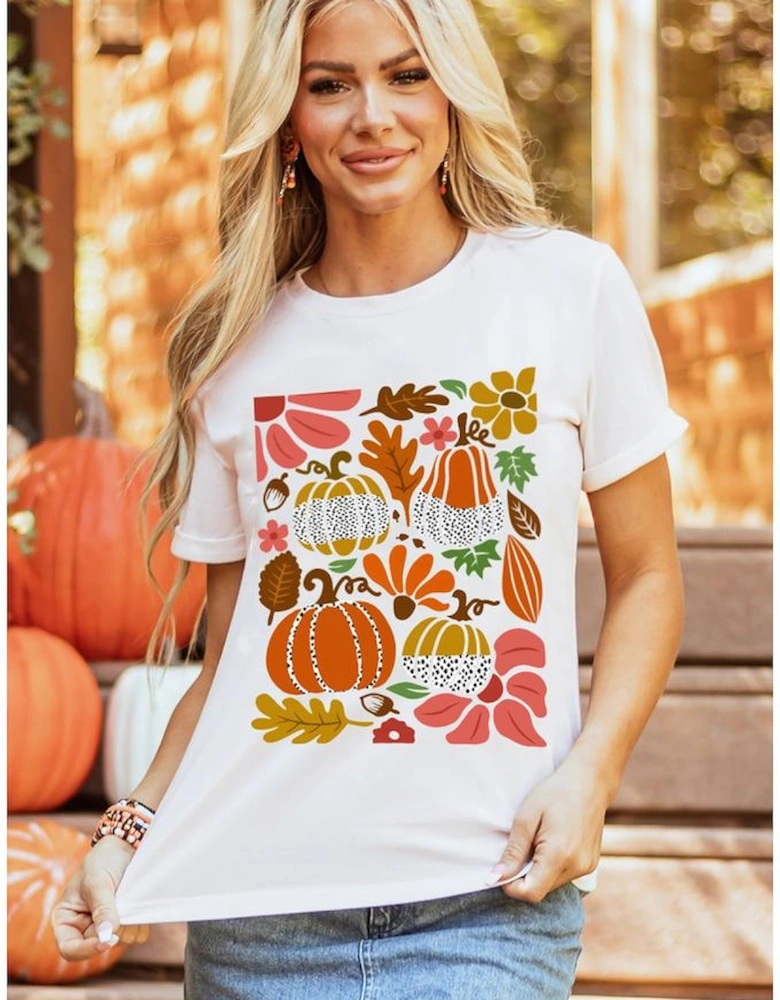 White Pumpkin Flower Print Fall Graphic Cotton Blend Tee