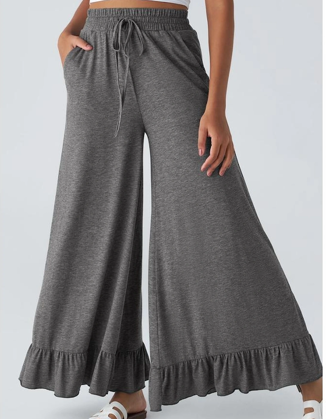 Medium Grey Ruffled Wide Leg Pull On High Waist Pants with Pockets