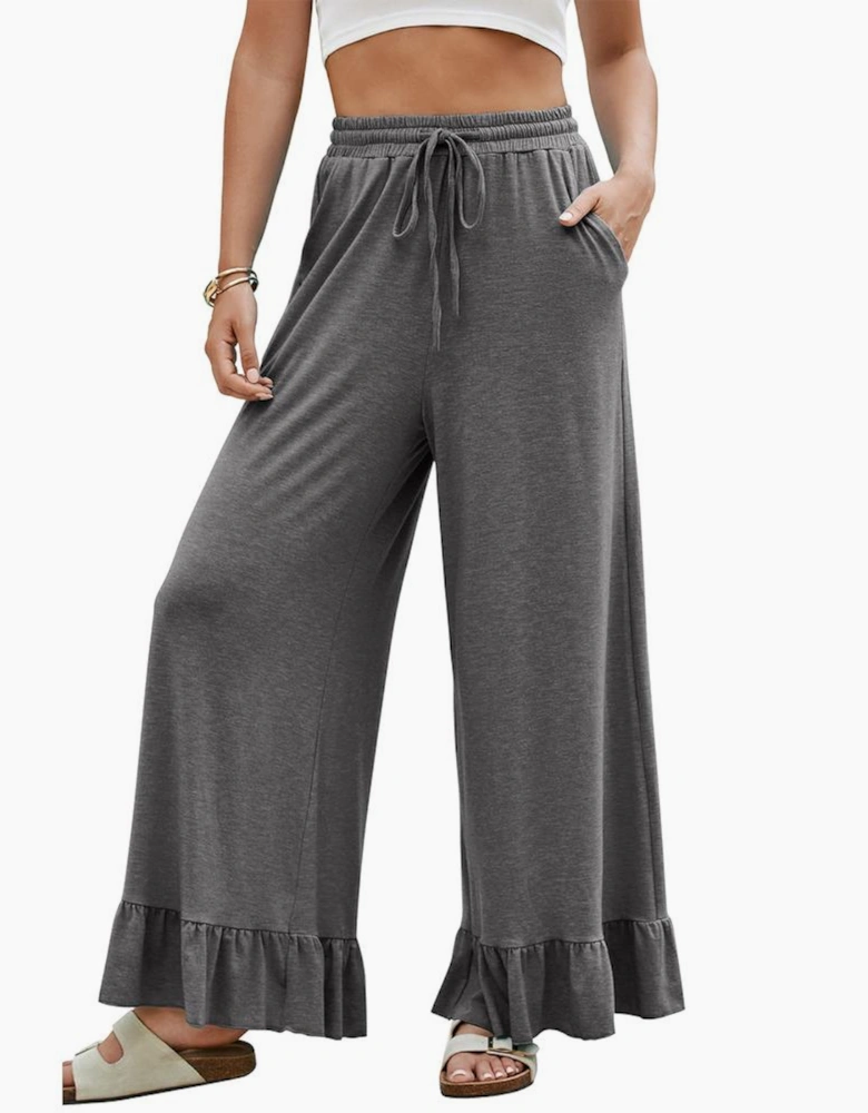 Medium Grey Ruffled Wide Leg Pull On High Waist Pants with Pockets