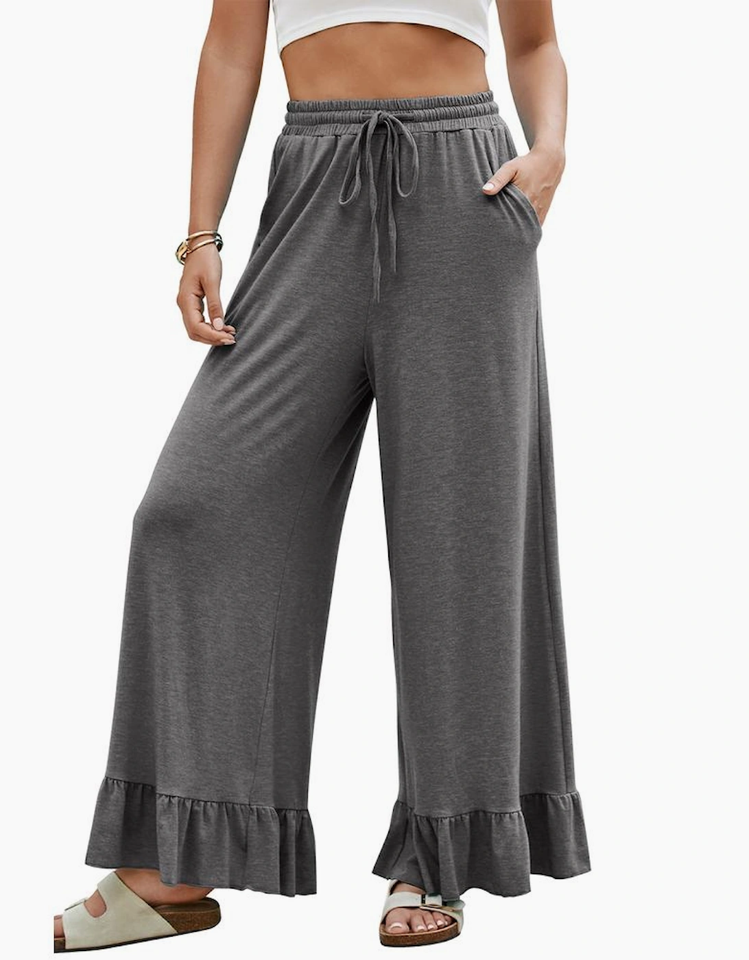 Medium Grey Ruffled Wide Leg Pull On High Waist Pants with Pockets
