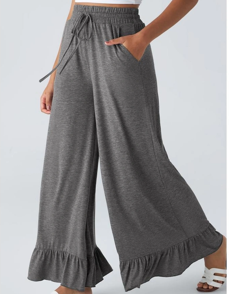 Medium Grey Ruffled Wide Leg Pull On High Waist Pants with Pockets