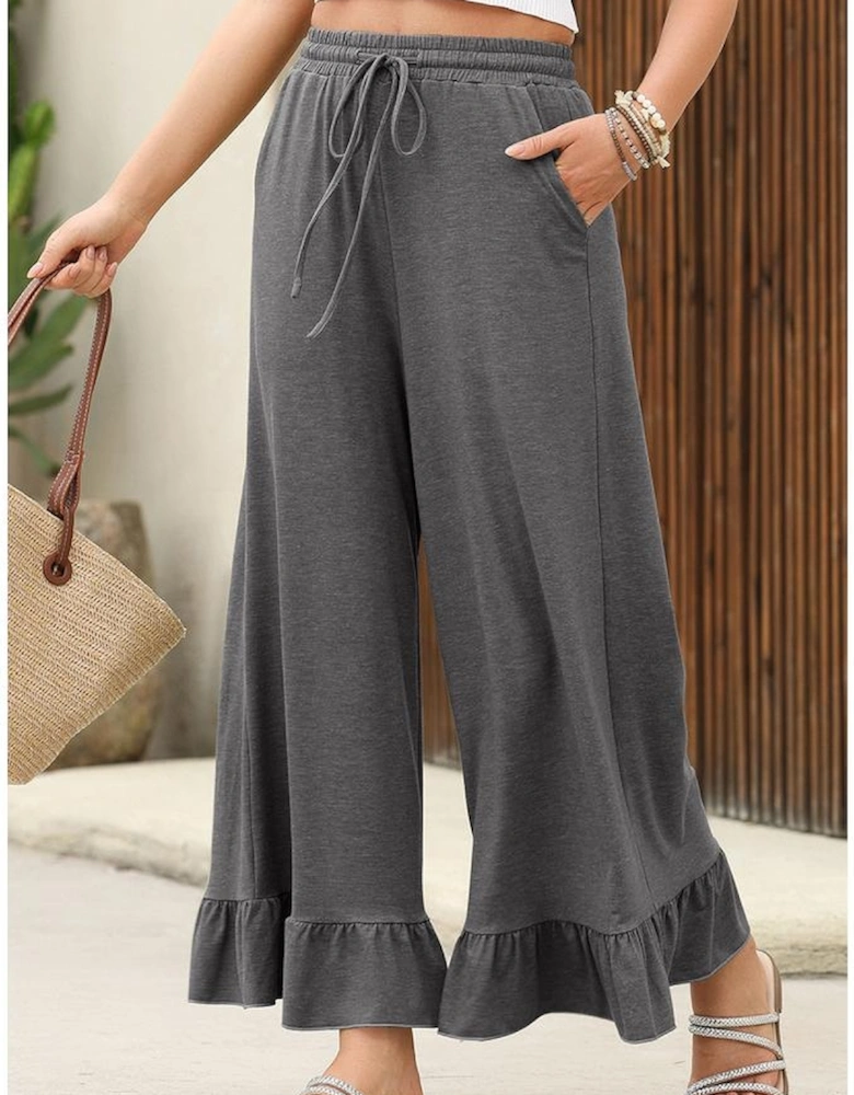 Medium Grey Ruffled Wide Leg Pull On High Waist Pants with Pockets