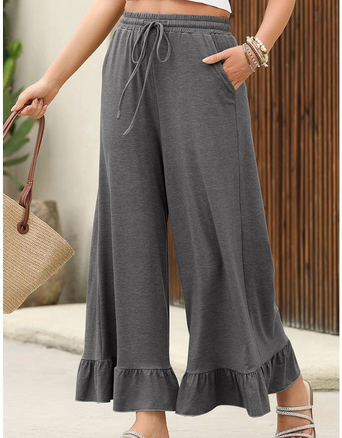 Medium Grey Ruffled Wide Leg Pull On High Waist Pants with Pockets