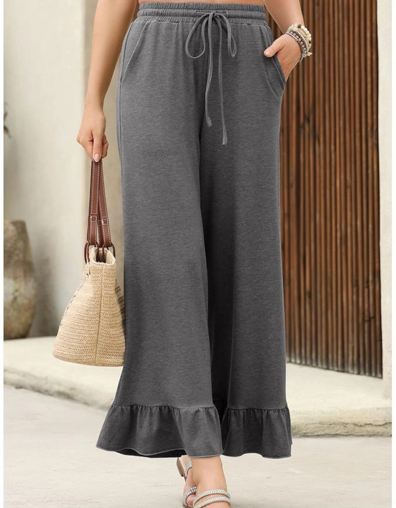 Medium Grey Ruffled Wide Leg Pull On High Waist Pants with Pockets