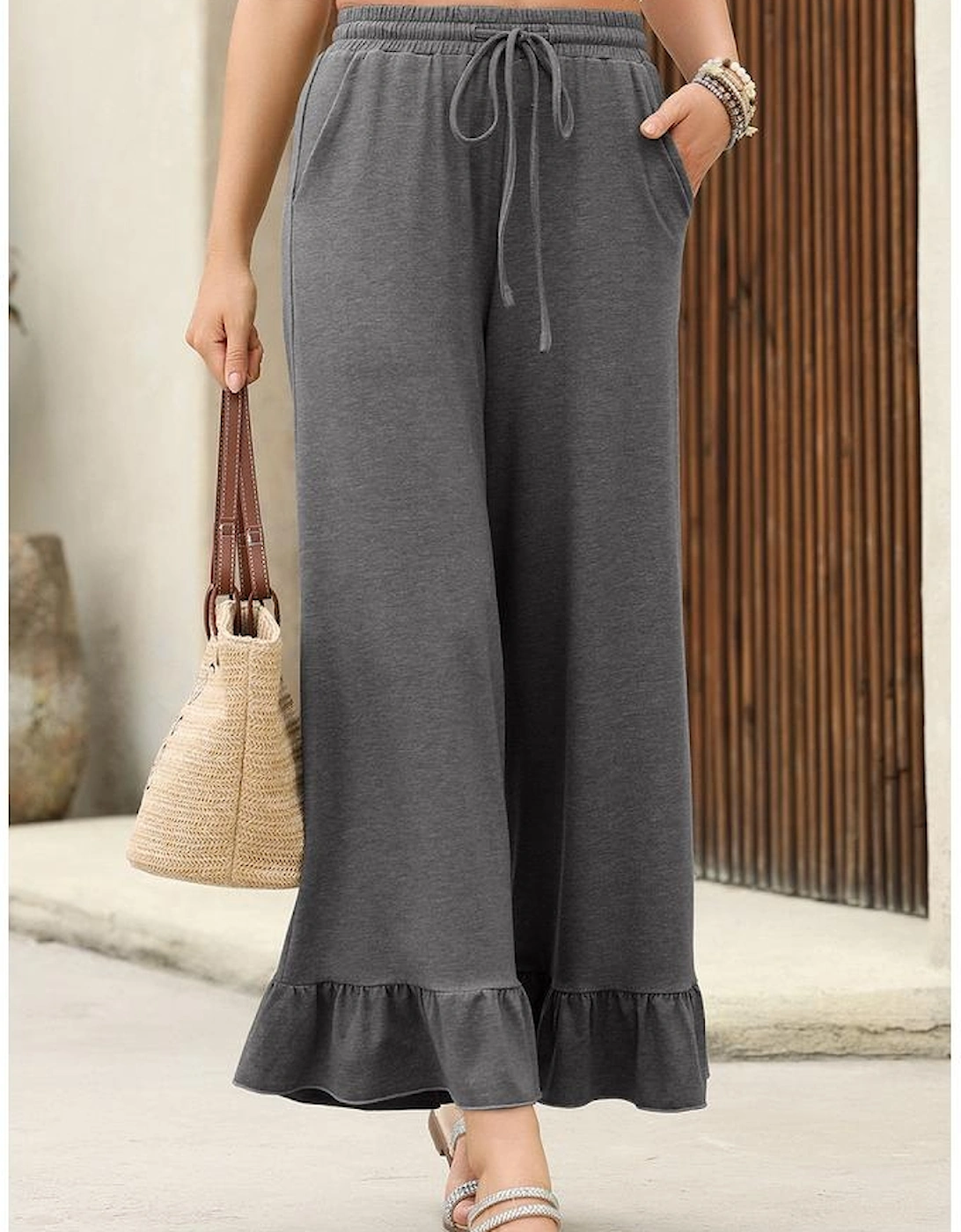 Medium Grey Ruffled Wide Leg Pull On High Waist Pants with Pockets