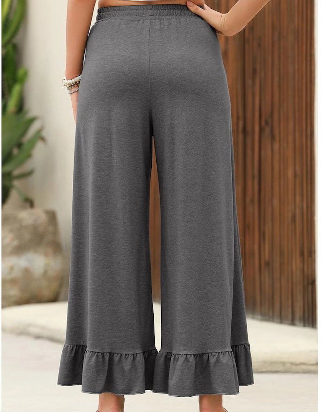 Medium Grey Ruffled Wide Leg Pull On High Waist Pants with Pockets