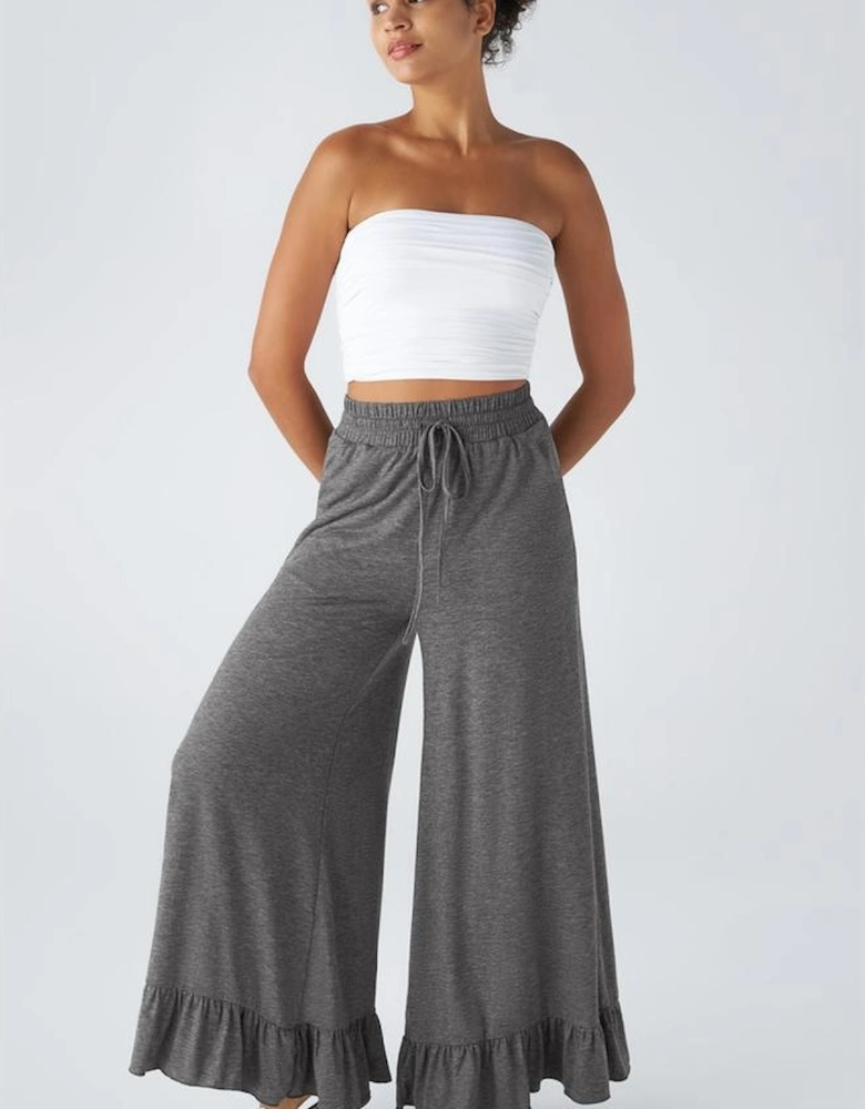 Medium Grey Ruffled Wide Leg Pull On High Waist Pants with Pockets