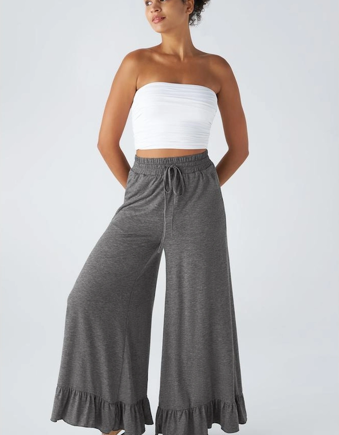 Medium Grey Ruffled Wide Leg Pull On High Waist Pants with Pockets