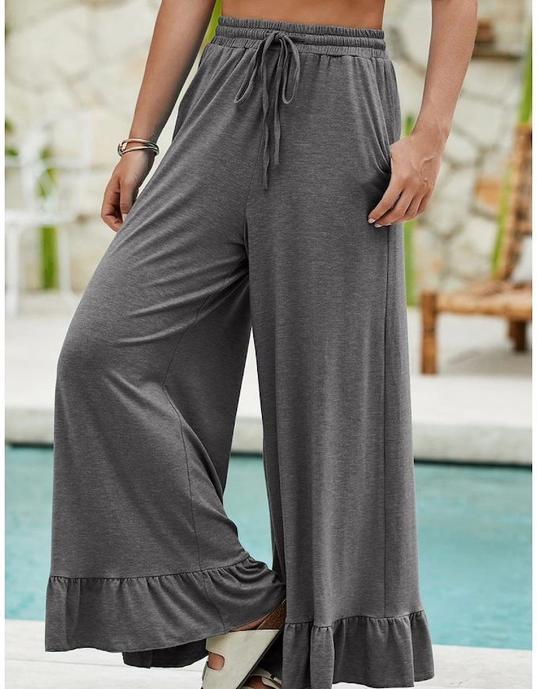 Medium Grey Ruffled Wide Leg Pull On High Waist Pants with Pockets