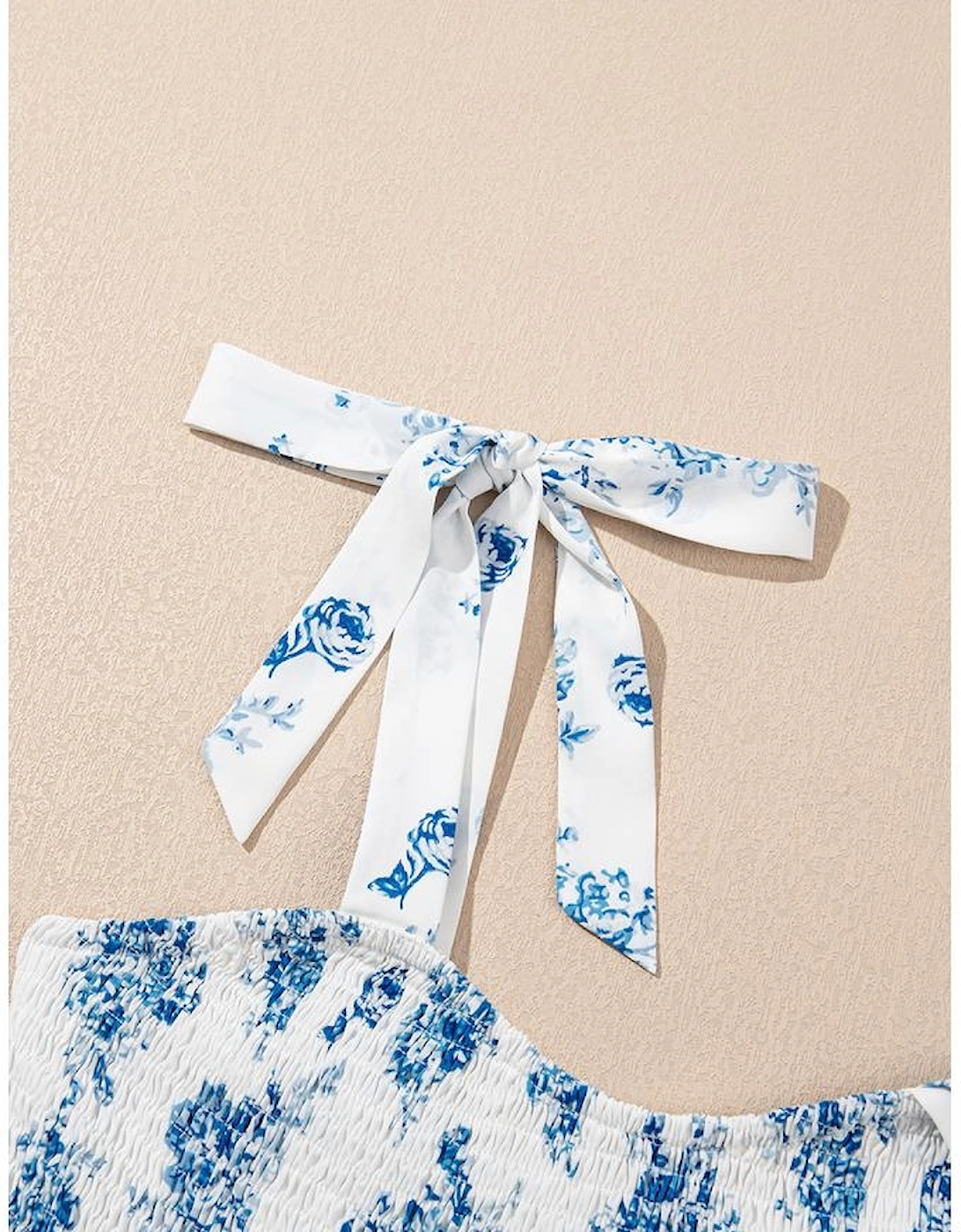 Sky Blue Floral Print Shirred Knot Shoulder Sleeveless Long Dress