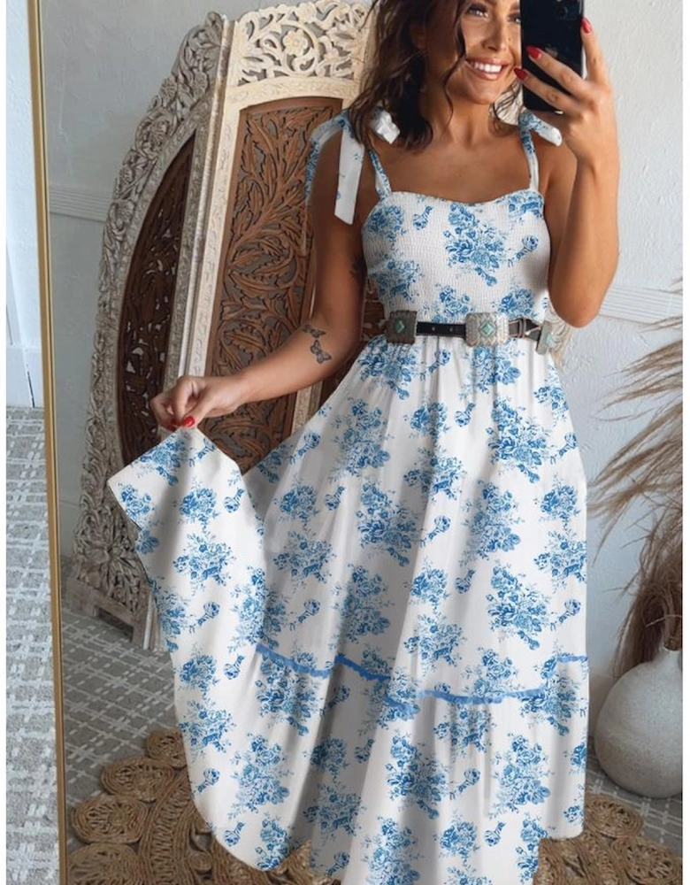Sky Blue Floral Print Shirred Knot Shoulder Sleeveless Long Dress