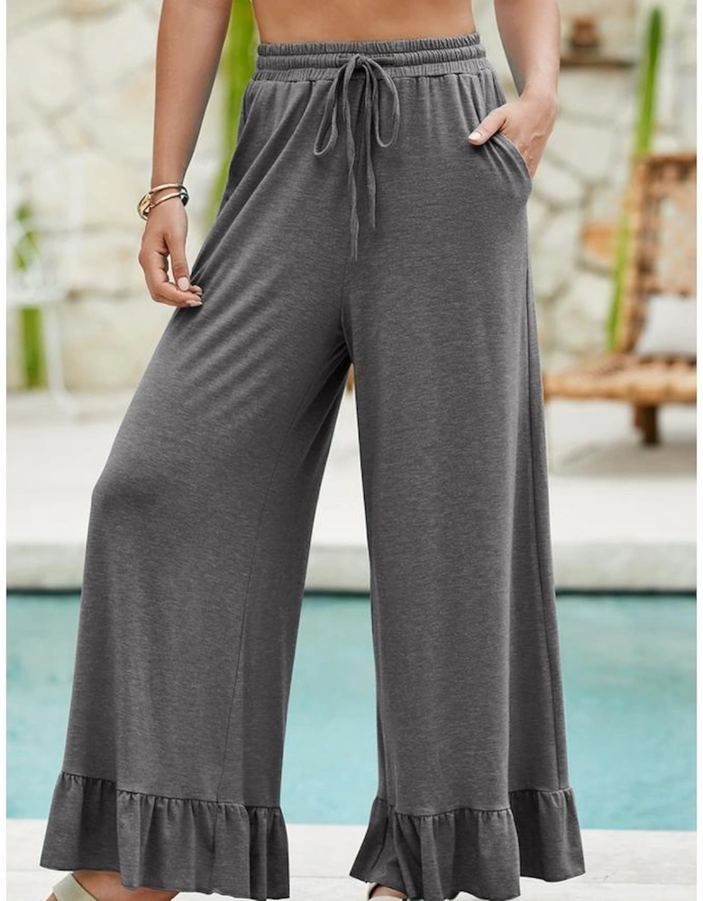 Medium Grey Ruffled Wide Leg Pull On High Waist Pants with Pockets