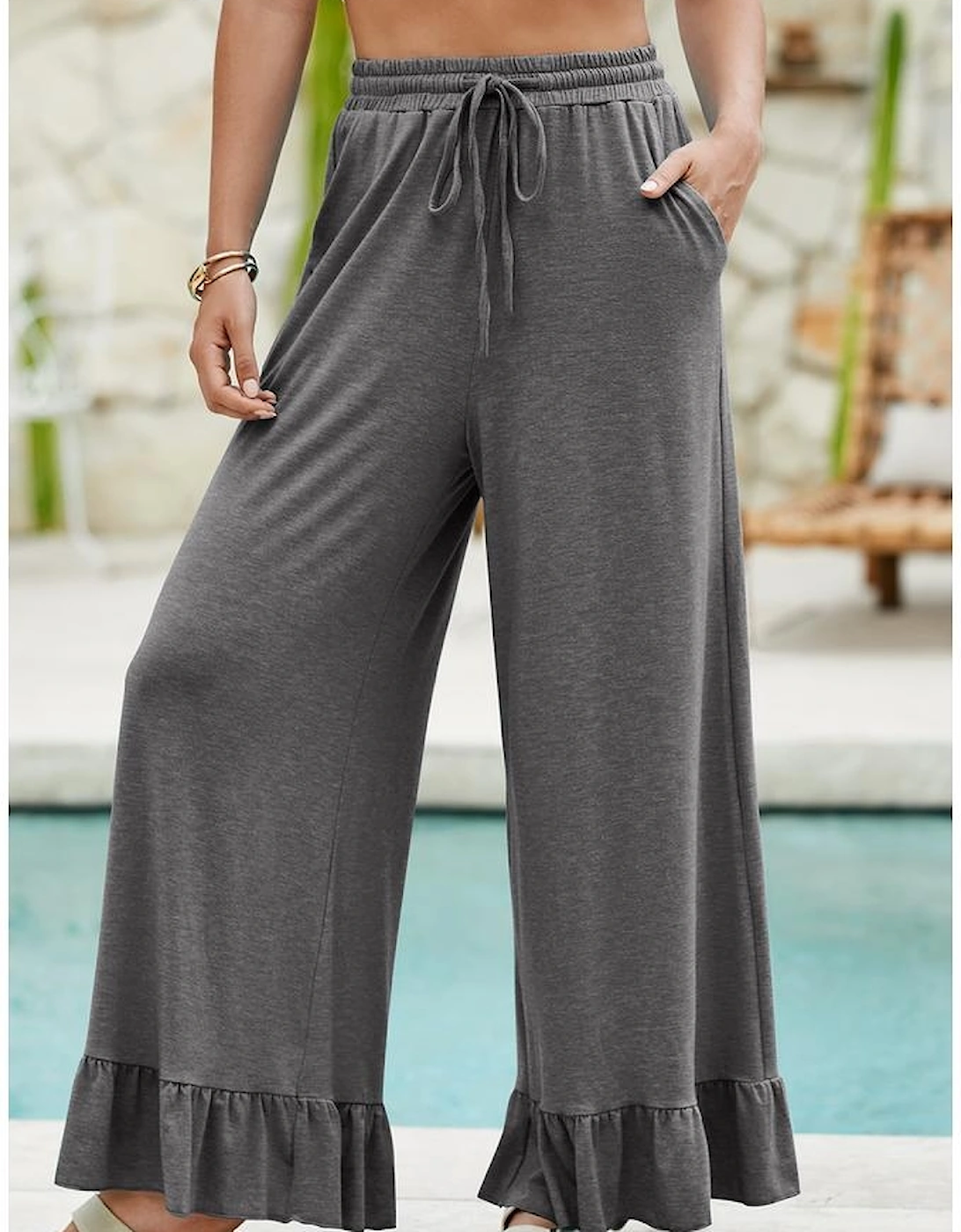 Medium Grey Ruffled Wide Leg Pull On High Waist Pants with Pockets