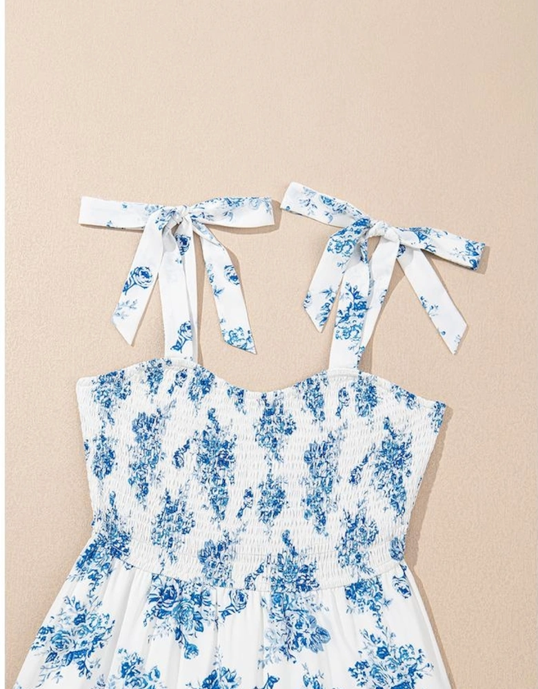 Sky Blue Floral Print Shirred Knot Shoulder Sleeveless Long Dress