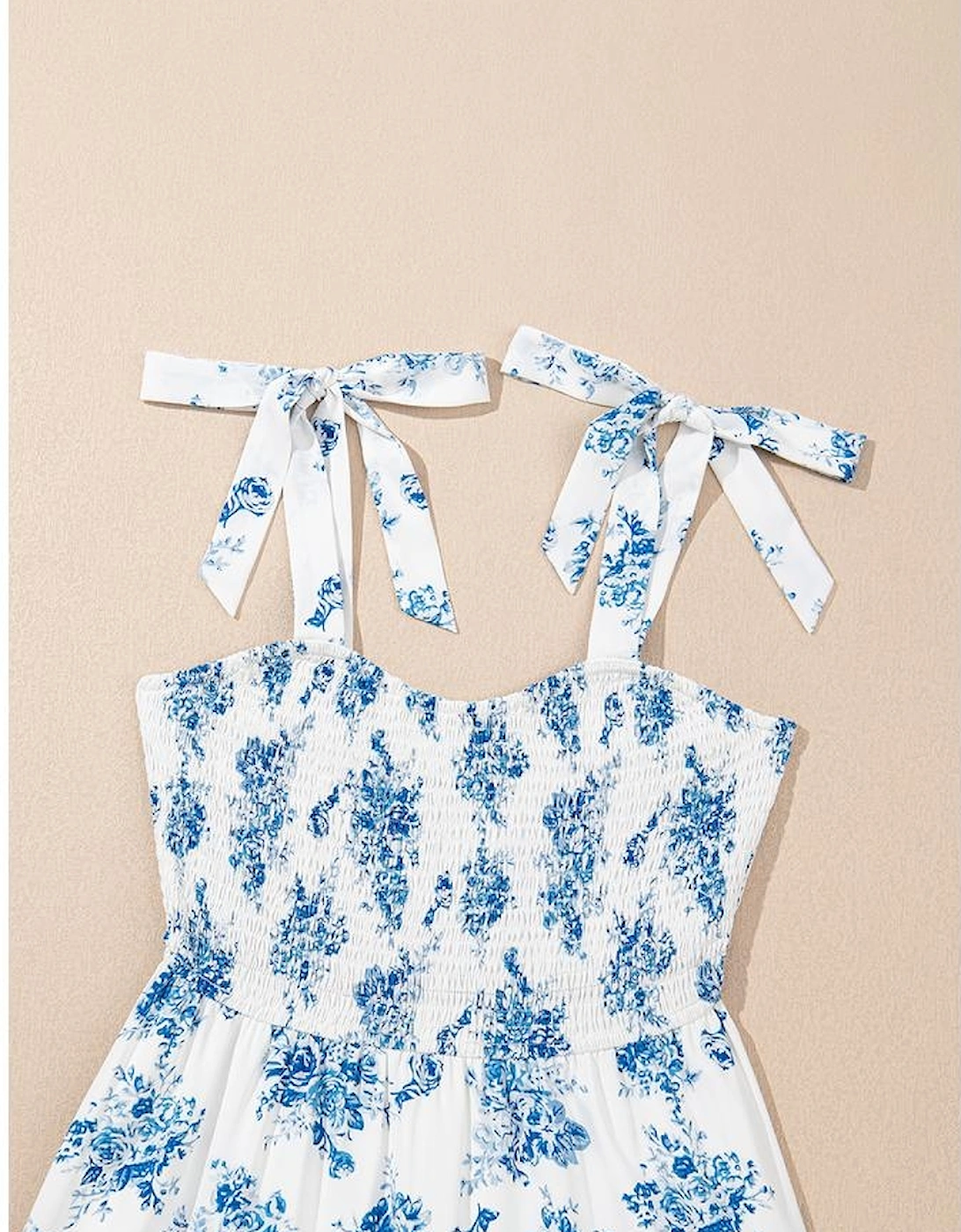 Sky Blue Floral Print Shirred Knot Shoulder Sleeveless Long Dress